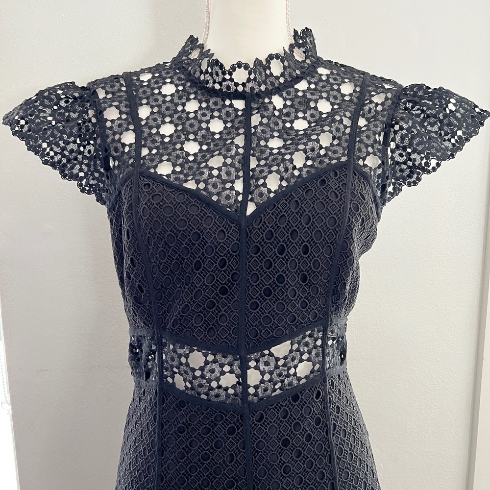 SANDRO Black Guipure Lace Evening Midi Dress Size 6 Cocktail Party